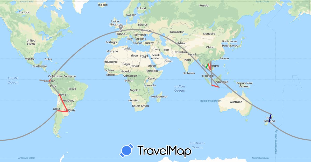 TravelMap itinerary: driving, bus, plane, hiking in Bolivia, Ecuador, France, Indonesia, Cambodia, Laos, Myanmar (Burma), New Zealand, Thailand, Vietnam (Asia, Europe, Oceania, South America)